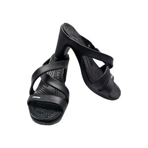 Crocs Cyprus IV Heels Sandals Women's Size 9 Black Strappy Crisscross Rubber